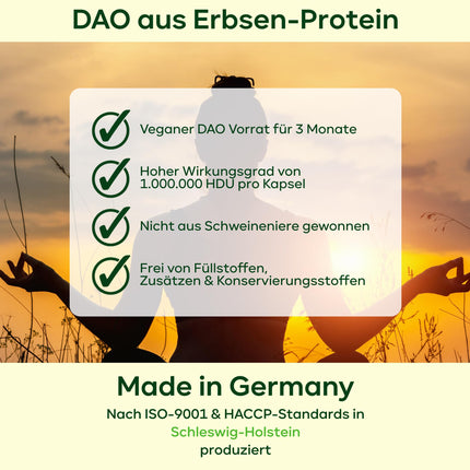 DAO kapsulas — 1 000 000 HDU — tikai 1 kapsula dienā — DAO enzīms no zirņiem — vegāns DAO — 1 miljons histamīnu noārdošu vienību — 3 mēnešu krājums