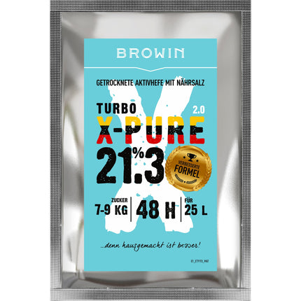 Browin Yeast Turbo X-Pure 403113 augstas kvalitātes fermentācijas raugs destilācijai līdz 21,3% alkohola 48 stundu laikā uz 25 litriem un 7-9 kg cukura 135 g