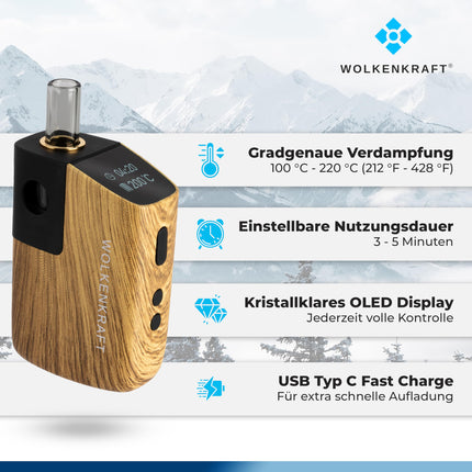 WOLKENKRAFT FX MINI ULTRA Premium Vaporizer - USB-C | Magnētiski ievietojams iemutiķis | Titāna kamera | Temperatūra 100–220 °C | Darbības taimeris 3–5 min. | 100% konvekcija *koka izskats*