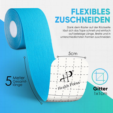 Health Press® kineziolentes - 2 kinezioloģisko lentu ruļļi zili + melni (5 cm x 5 m) Kineziolente - profesionāla fizioterapijas un sporta lente - ādai draudzīgas lentes DERMATEST: ĻOTI LABI