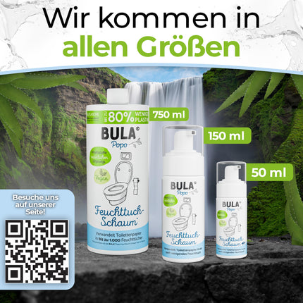 BULA® Popo (zīdaiņiem un tualetes papīram) mitrās salvetes putas 150 ml jūsu tualetes papīram | ilgtspējīga alternatīva vairāk nekā 200 mitrajām salvetēm | dabīgas sastāvdaļas