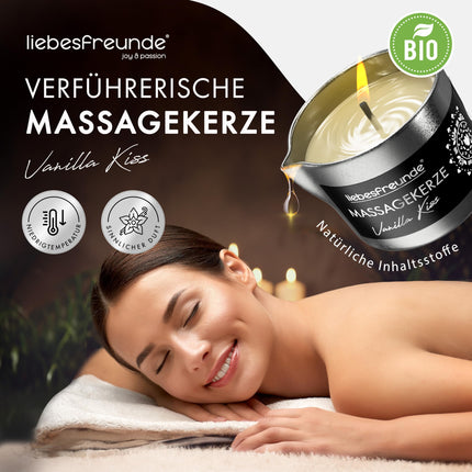 Liebesfreunde® organiskā masāžas svece VANILLA KISS jutekliskām masāžām ar kokosriekstu eļļu un alveju, erotiska masāžas svece pāriem, seksa svece, 50 ml