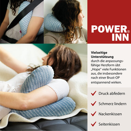POWER INN krūšu spilvens Hope apm. 32x34 cm | Sirds spilvens kā sāpju mazināšana pēc mastektomijas | mīksts apakšdelma vai paduses spilvens | 100% kokvilna (sarkana)