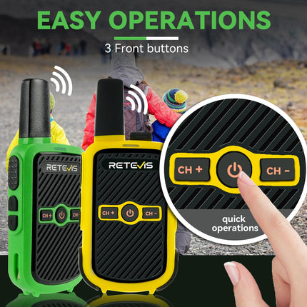 Retevis RT15 rācija pieaugušajiem, PMR446 divvirzienu rācijas, brīvroku VOX, mini, 1000 mAh litija jonu akumulators, rācija kempingam, skolai, mājas spēlēm, atvaļinājumam (zaļa un dzeltena, 1 pāris)