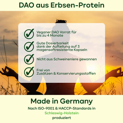120 DAO kapsulas — 1 000 000 HDU dienā — ideāla deva ar 333 333 HDU/kapsulā (1 līdz 3 kapsulas dienā) — vegāns DAO — DAO enzīms no zirņiem