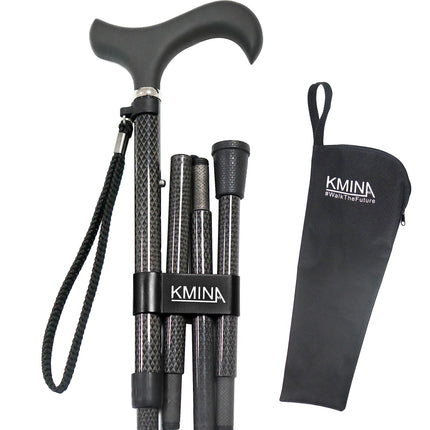KMINA PRO - Saliekams nūjas nūjiņš no oglekļa šķiedras, Sieviešu augstuma regulējams, Vīriešu elegants, Melns nūjiņš, Viegls, Saliekams, Oglekļa šķiedra