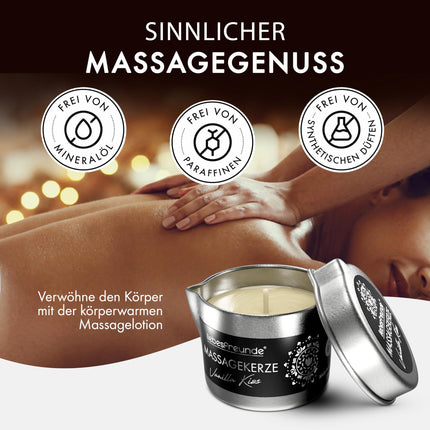 Liebesfreunde® organiskā masāžas svece VANILLA KISS jutekliskām masāžām ar kokosriekstu eļļu un alveju, erotiska masāžas svece pāriem, seksa svece, 50 ml