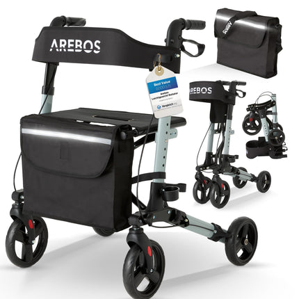 Arebos vieglais alumīnija rollators | Ceļojuma rollators ar 6 augstuma regulēšanu | Salokāms | Iekļauts spieķa turētājs un noņemama iepirkumu soma | Staigāšanas rāmis ar bloķēšanas funkciju | Melns