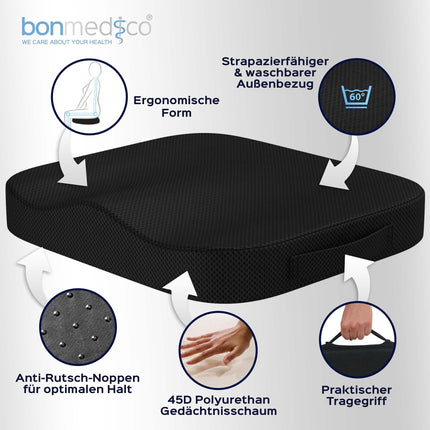 Bonmedico ortopēdiskais sēdekļa spilvens — ergonomisks atmiņas putu spilvens biroja krēsliem, automašīnām, ratiņkrēsliem vai paaugstinātiem sēdekļiem pieaugušajiem — Wellness Black