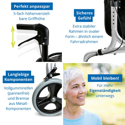 Weinberger alumīnija rollators ar 3 riteņiem, salokāms, ar noņemamu somu, plāns, viegls un manevrējams, stabils, tikai 4,2 kg, krāsa: sudraba, modelis: 02217