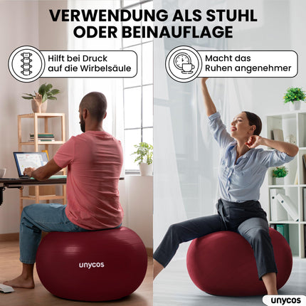 unycos - vingrošanas bumba 75 cm sēdbumba treniņu bumba jogai, fitnesam, medicīnas bumba, līdzsvara bumba, korsetes spēka treniņiem, Pilates bumba | Ieskaitot pumpis, bez BPA, pretplīsuma (tumši rozā ar logotipu)
