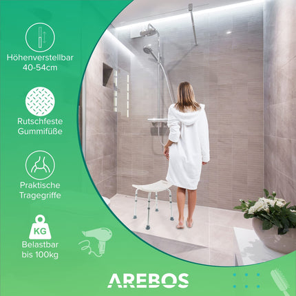 Arebos dušas krēsls | Regulējams augstums | alumīnija rāmis | Neslīdošas gumijas kājiņas | Sēdeklis ar drošības rokturiem | Dušas palīglīdzeklis | Dušas krēsls | Dušas sēdeklis | vannas istabas krēsls | Vannas sēdeklis | senioriem