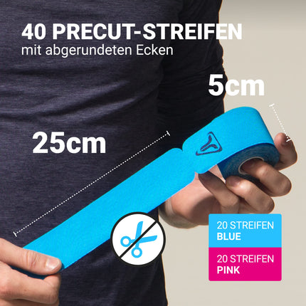 TRUETAPE® Kinesiotape – PRO Precut DUO iepakojums – 2 x 20 iepriekš sagrieztas sloksnes (25 cm x 5 cm) – Ūdensizturīgas un elastīgas kinezioteipi – Fizioteips ar spēcīgu līmi sportam – Zila un rozā