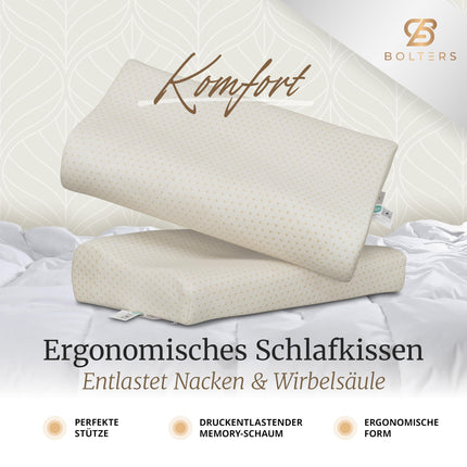 BOLTER'S ERGONOMIC Memory Foam spilvens – Ortopēdisks spilvens – Spiedienu mazinošas Memory Foam putas – 2 augstumi 9 cm/11 cm – Elpojošs pārvalks – Optimāls atbalsts kaklam un mugurkaulam