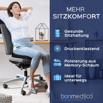 Bonmedico ortopēdiskais sēdekļa spilvens — ergonomisks atmiņas putu spilvens biroja krēsliem, automašīnām, ratiņkrēsliem vai paaugstinātiem sēdekļiem pieaugušajiem — Wellness Black