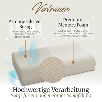 BOLTER'S ERGONOMIC Memory Foam spilvens – Ortopēdisks spilvens – Spiedienu mazinošas Memory Foam putas – 2 augstumi 9 cm/11 cm – Elpojošs pārvalks – Optimāls atbalsts kaklam un mugurkaulam