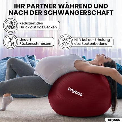 unycos - vingrošanas bumba 75 cm sēdbumba treniņu bumba jogai, fitnesam, medicīnas bumba, līdzsvara bumba, korsetes spēka treniņiem, Pilates bumba | Ieskaitot pumpis, bez BPA, pretplīsuma (tumši rozā ar logotipu)