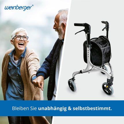 Weinberger alumīnija rollators ar 3 riteņiem, salokāms, ar noņemamu somu, plāns, viegls un manevrējams, stabils, tikai 4,2 kg, krāsa: sudraba, modelis: 02217