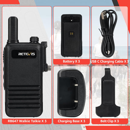 Retevis RB647 rācija, IP67 ūdensizturīga rācija, PMR446 16 kanāli, profesionāls divvirzienu rācija, 1000 mAh, VOX rācijas skolai, apsardzei un glābšanas dienestam (melnas, 3 gab. iepakojumā)