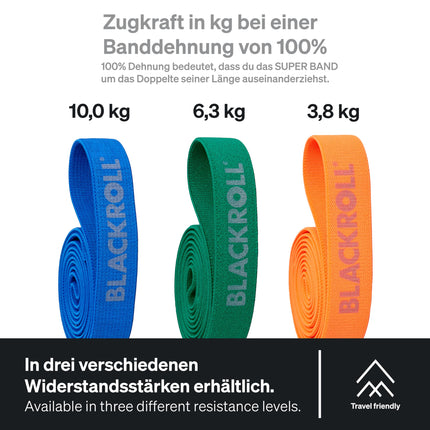 BLACKROLL® SUPER Band FITNESS BAND komplekts (3 gab.), vingrošanas lentes muskuļu stiprināšanai, elastīgas pretestības lentes 3 stipruma pakāpēs: viegla (oranža), vidēja (zaļa) un spēcīga (zila), ražots Vācijā