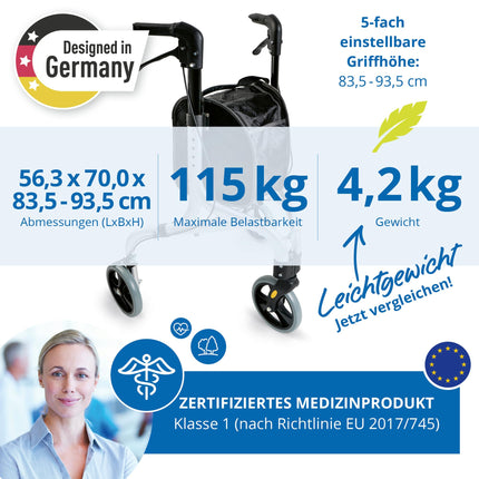Weinberger alumīnija rollators ar 3 riteņiem, salokāms, ar noņemamu somu, plāns, viegls un manevrējams, stabils, tikai 4,2 kg, krāsa: sudraba, modelis: 02217
