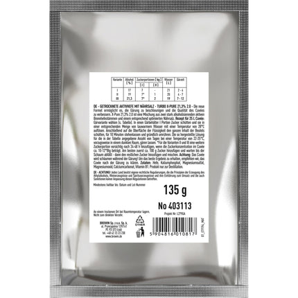 Browin Yeast Turbo X-Pure 403113 augstas kvalitātes fermentācijas raugs destilācijai līdz 21,3% alkohola 48 stundu laikā uz 25 litriem un 7-9 kg cukura 135 g