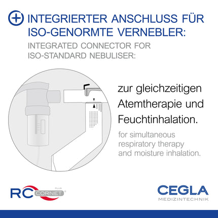 CEGLA RC-Cornet PLUS elpošanas terapijas ierīce mazina klepu, atbrīvo gļotas, mazina elpas trūkumu – integrēts savienojums inhalācijas ierīcēm inhalācijai, attīra apakšējos elpceļus, palīdz vieglāk elpot.