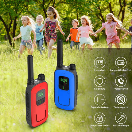 Radioddity PR-T3 rācija bērniem, 16 kanālu PMR446 radio, 3–12 gadus veciem bērniem, VOX ar lukturīti, 4KM diapazons piedzīvojumiem, āra aktivitātēm, kempingam, 2 daļas (sarkans un zils)
