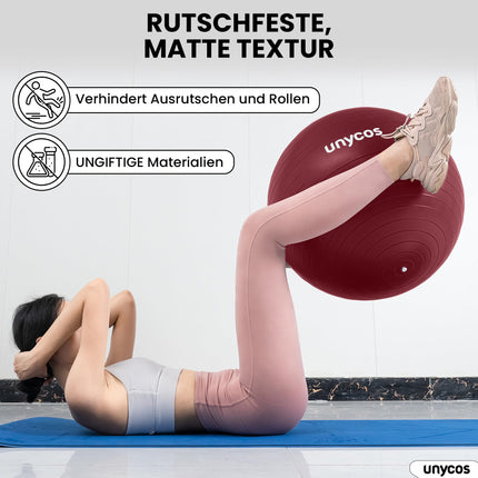 unycos - vingrošanas bumba 75 cm sēdbumba treniņu bumba jogai, fitnesam, medicīnas bumba, līdzsvara bumba, korsetes spēka treniņiem, Pilates bumba | Ieskaitot pumpis, bez BPA, pretplīsuma (tumši rozā ar logotipu)