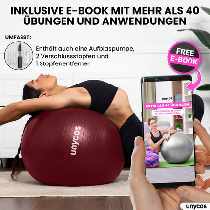 unycos - vingrošanas bumba 75 cm sēdbumba treniņu bumba jogai, fitnesam, medicīnas bumba, līdzsvara bumba, korsetes spēka treniņiem, Pilates bumba | Ieskaitot pumpis, bez BPA, pretplīsuma (tumši rozā ar logotipu)
