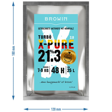 Browin Yeast Turbo X-Pure 403113 augstas kvalitātes fermentācijas raugs destilācijai līdz 21,3% alkohola 48 stundu laikā uz 25 litriem un 7-9 kg cukura 135 g