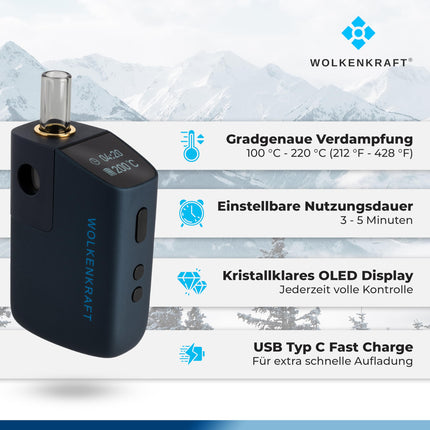 WOLKENKRAFT FX MINI ULTRA Premium Vaporizer - USB-C | Magnētiski ievietojams iemutiķis | Titāna kamera | Temperatūra 100–220 °C | Darbības taimeris 3–5 min. | 100% konvekcija *Nakts zila*