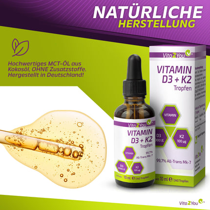 Vita2You D3 + K2 vitamīna pilieni - D3 vitamīns 5000 SV - K2 vitamīns 100µg vienā pilienā - K2VITAL - MK-7 - 99,7% All-Trans - MCT eļļa - Augstākās kvalitātes - Ražots Vācijā