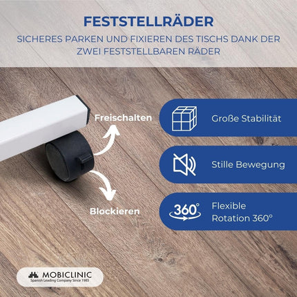 Mobiclinic, Gultas vai dīvāna sānu galdiņš pieaugušajiem un cilvēkiem ar invaliditāti, Ar riteņiem, Viegls, Pārnēsājams, Regulējams augstumā, Regulējams, Kafijas galdiņš
