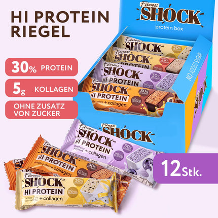 FitnesSHOCK proteīna batoniņu komplekts, miksēšanas kaste ar augstu 30% 12g proteīna saturu. Proteīna batoniņš bez pievienota cukura ar 5g kolagēna, zems ogļhidrātu saturs, augsts šķiedrvielu saturs, zems kaloriju saturs, 12gab. 40g.