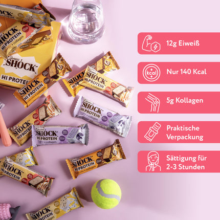FitnesSHOCK proteīna batoniņu komplekts, miksēšanas kaste ar augstu 30% 12g proteīna saturu. Proteīna batoniņš bez pievienota cukura ar 5g kolagēna, zems ogļhidrātu saturs, augsts šķiedrvielu saturs, zems kaloriju saturs, 12gab. 40g.
