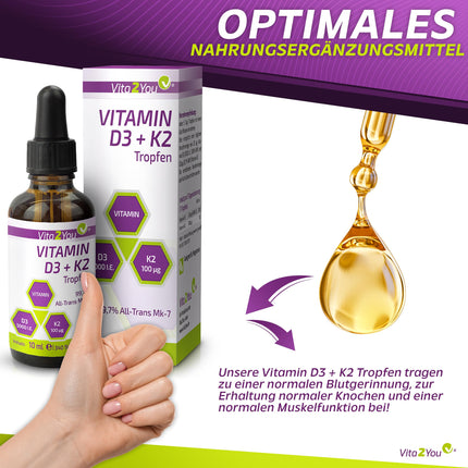 Vita2You D3 + K2 vitamīna pilieni - D3 vitamīns 5000 SV - K2 vitamīns 100µg vienā pilienā - K2VITAL - MK-7 - 99,7% All-Trans - MCT eļļa - Augstākās kvalitātes - Ražots Vācijā