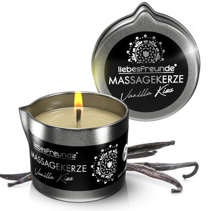 Liebesfreunde® organiskā masāžas svece VANILLA KISS jutekliskām masāžām ar kokosriekstu eļļu un alveju, erotiska masāžas svece pāriem, seksa svece, 50 ml
