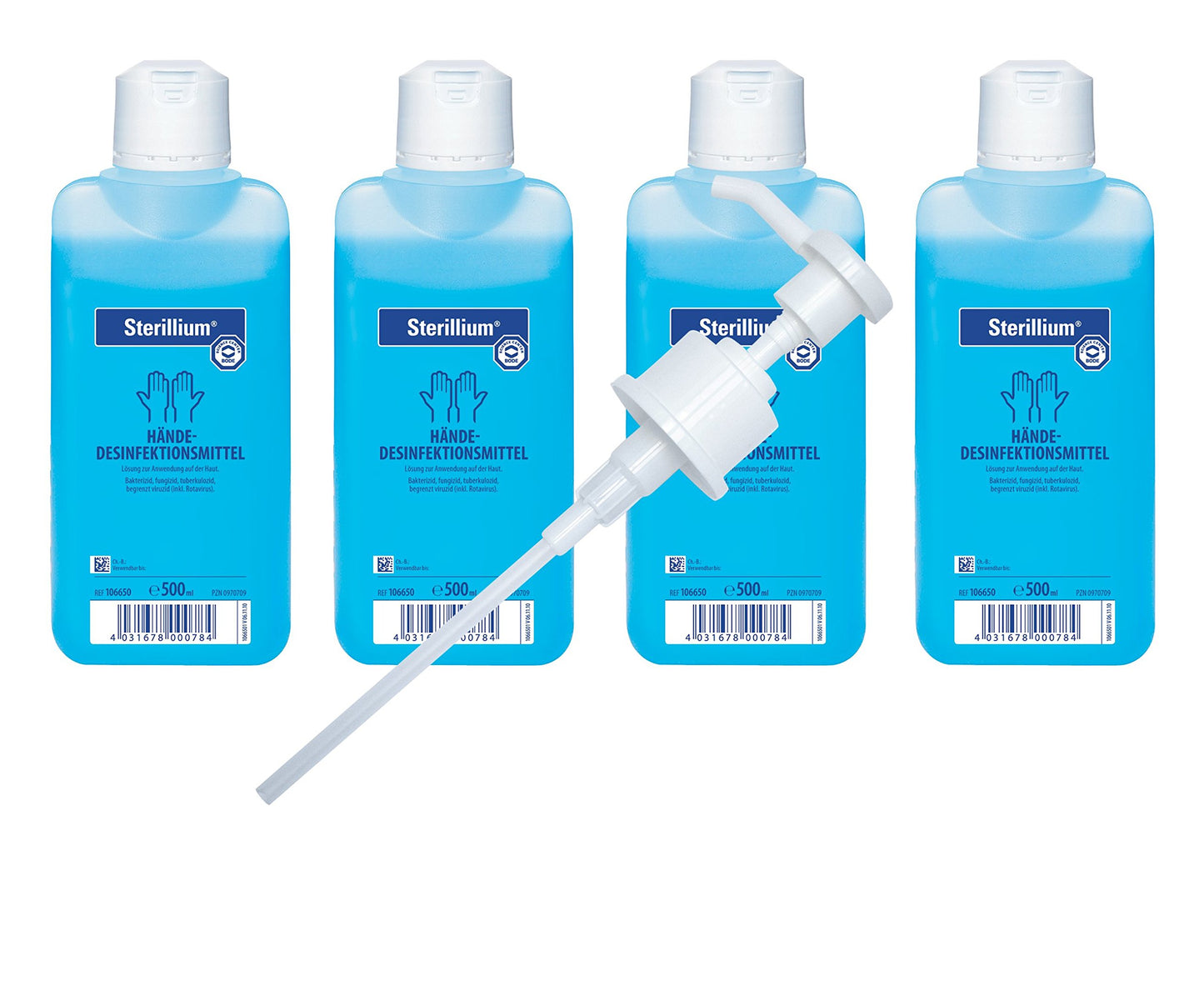 4 x 500 ml Sterillium Hygiene roku dezinfekcijas līdzekļa pudeles, ieskaitot bezmaksas mediAID dozēšanas sūkni