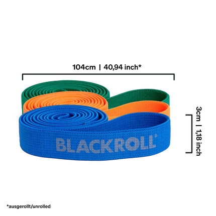 BLACKROLL® SUPER Band FITNESS BAND komplekts (3 gab.), vingrošanas lentes muskuļu stiprināšanai, elastīgas pretestības lentes 3 stipruma pakāpēs: viegla (oranža), vidēja (zaļa) un spēcīga (zila), ražots Vācijā