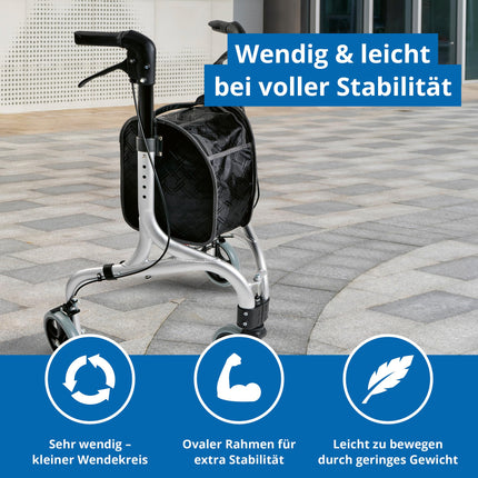 Weinberger alumīnija rollators ar 3 riteņiem, salokāms, ar noņemamu somu, plāns, viegls un manevrējams, stabils, tikai 4,2 kg, krāsa: sudraba, modelis: 02217