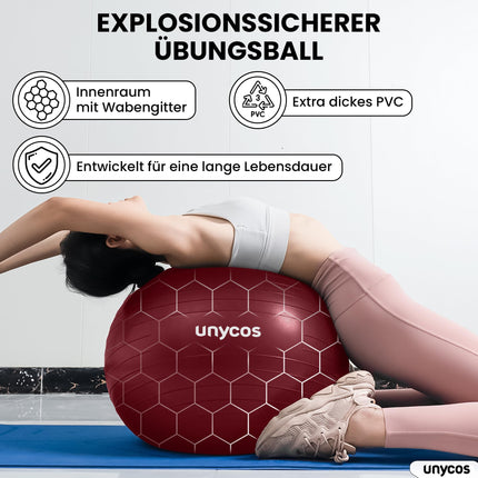unycos - vingrošanas bumba 75 cm sēdbumba treniņu bumba jogai, fitnesam, medicīnas bumba, līdzsvara bumba, korsetes spēka treniņiem, Pilates bumba | Ieskaitot pumpis, bez BPA, pretplīsuma (tumši rozā ar logotipu)