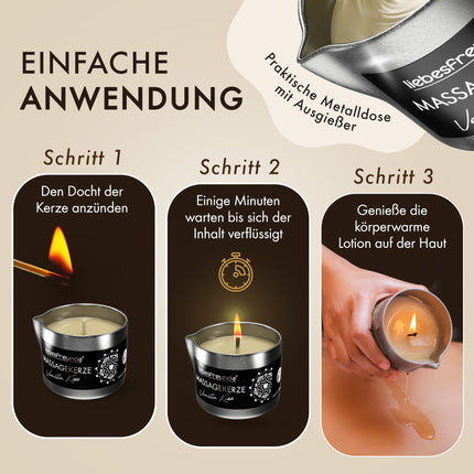 Liebesfreunde® organiskā masāžas svece VANILLA KISS jutekliskām masāžām ar kokosriekstu eļļu un alveju, erotiska masāžas svece pāriem, seksa svece, 50 ml