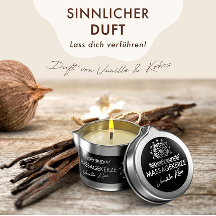 Liebesfreunde® organiskā masāžas svece VANILLA KISS jutekliskām masāžām ar kokosriekstu eļļu un alveju, erotiska masāžas svece pāriem, seksa svece, 50 ml