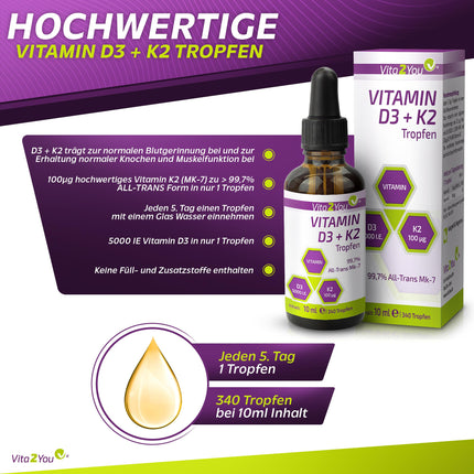 Vita2You D3 + K2 vitamīna pilieni - D3 vitamīns 5000 SV - K2 vitamīns 100µg vienā pilienā - K2VITAL - MK-7 - 99,7% All-Trans - MCT eļļa - Augstākās kvalitātes - Ražots Vācijā