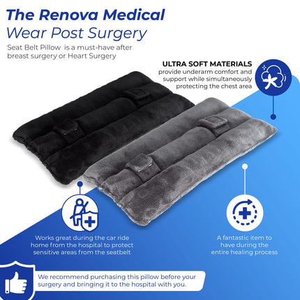 RENOVA MEDICAL WEAR pēcoperācijas drošības jostas spilvens – mastektomijas atveseļošanās spilvens, sirds ķirurģijas spilvens, ķīmijterapijas spilvens ar portu un elektrokardiostimulatoru, histerektomijas atveseļošanās spilvens