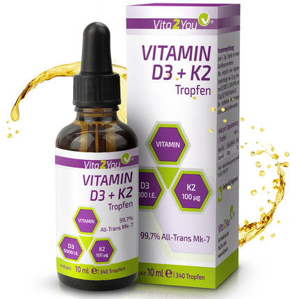 Vita2You D3 + K2 vitamīna pilieni - D3 vitamīns 5000 SV - K2 vitamīns 100µg vienā pilienā - K2VITAL - MK-7 - 99,7% All-Trans - MCT eļļa - Augstākās kvalitātes - Ražots Vācijā