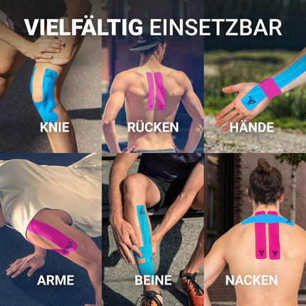 TRUETAPE® Kinesiotape – PRO Precut DUO iepakojums – 2 x 20 iepriekš sagrieztas sloksnes (25 cm x 5 cm) – Ūdensizturīgas un elastīgas kinezioteipi – Fizioteips ar spēcīgu līmi sportam – Zila un rozā