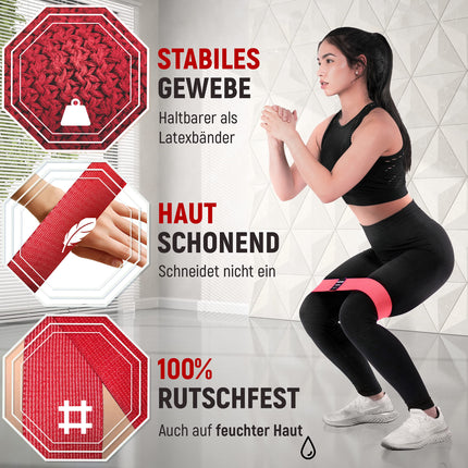 NEOLYMP īsās auduma fitnesa lentes ar fitnesa treniņu programmas e-grāmatu — mazgājamas pretestības lentes, pretestības lentes, vingrošanas lente, fitnesa lente, treniņu lentes, pievilkšanās lentes (5 gabalu komplekts)