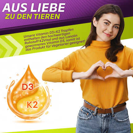 Vita2You D3 + K2 vitamīna pilieni - D3 vitamīns 5000 SV - K2 vitamīns 100µg vienā pilienā - K2VITAL - MK-7 - 99,7% All-Trans - MCT eļļa - Augstākās kvalitātes - Ražots Vācijā